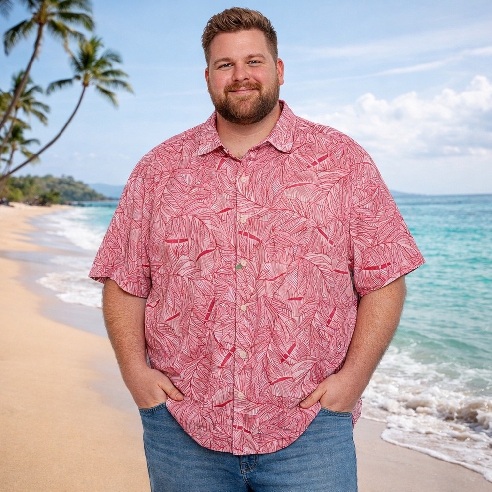 Tommy Bahama Mens XXL Pink White Tropical Palm Leaf Linen Button Down Shirt